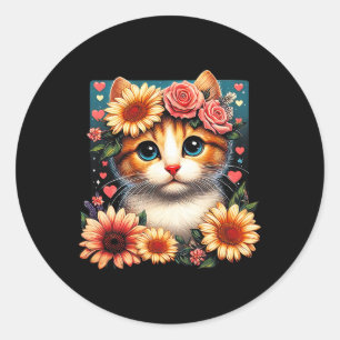 Retro Bloem Kat Liefde Kunst Kitten Met Bloemen An Ronde Sticker