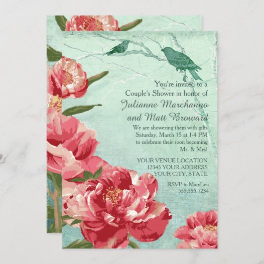 Retro Bloem Koppels Douche Chintz Pioenrozen Kaart (Voorkant / Achterkant)