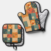 Retro-bloem-lap-quilt Ovenwant & Pannenlap Set (Voorkant / Achterkant)