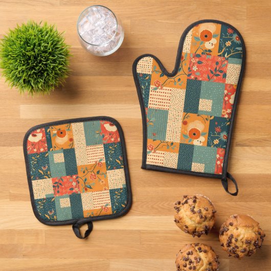 Retro-bloem-lap-quilt Ovenwant & Pannenlap Set (Top down)