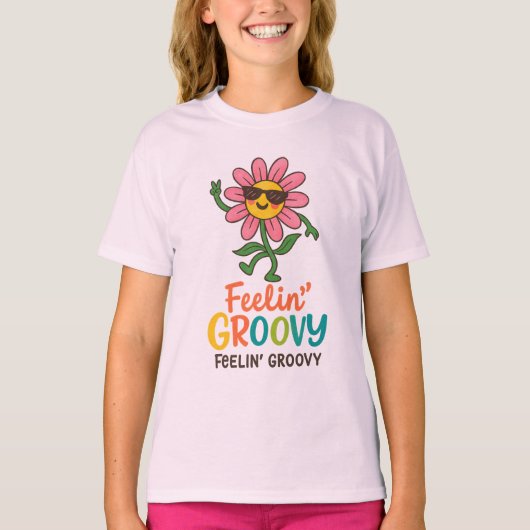 Retro Bloem Meisjes Basic T-Shirt met Groovy Vibe (Voorkant)
