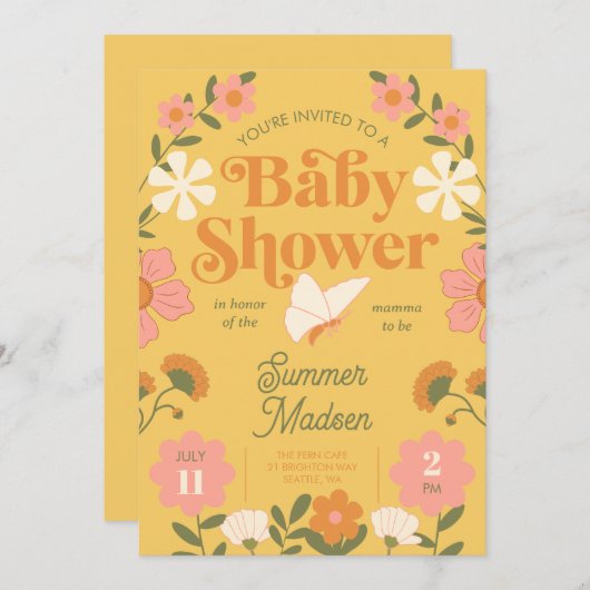 Retro Bloem Mosterd Geel Baby shower Uitnodiging (Voorkant / Achterkant)