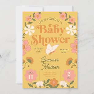 Retro Bloem Mosterd Geel Baby shower Uitnodiging