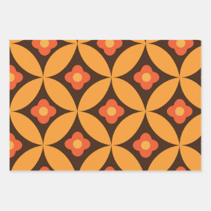 Retro bloem op Mid Century Cirkel Oranje Inpakpapier Vel