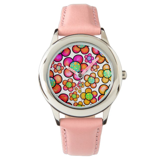 Retro bloem regenboog-meisje kracht  horloge (Voorkant)