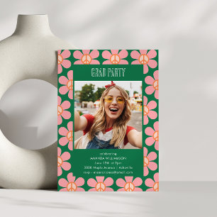 Retro Bloem Vrede Roze Groen Afstudeerfeest Foto Kaart