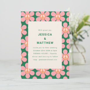Retro Bloem Vrede Roze Groen Groovy Bruiloft Kaart