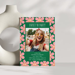 Retro Bloem Vrede Roze Groen Sweet 16 Feest Foto Kaart