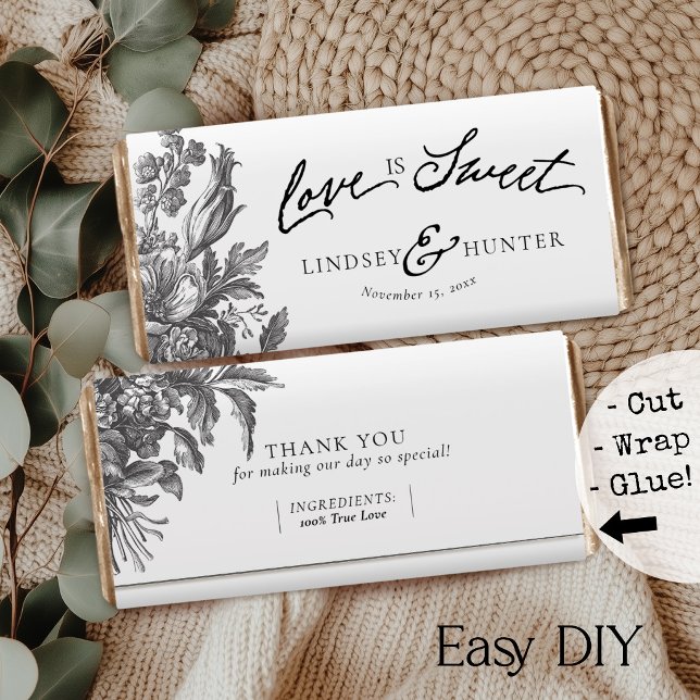 Retro Bloem Wit DIY Snoep Bar Favor Verpakking (Black & white elegant vintage floral Love is Sweet monogram DIY chocolate bar favor paper wrappers)