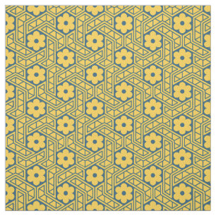 Retro Bloem Zeshoekig Patroon - Geel en Blauw Stof