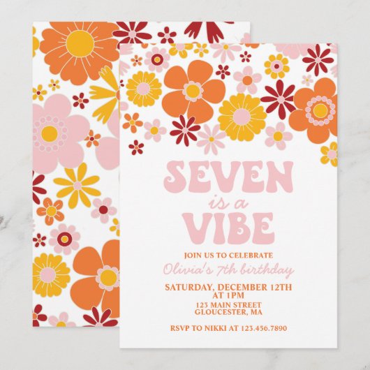 Retro Bloem Zeven is een Vibe 7e Verjaardag Kaart (Voorkant / Achterkant)