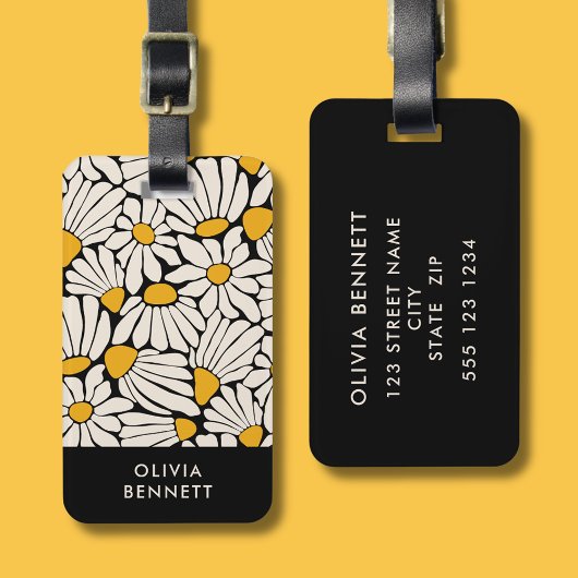Retro bloem zwart geel blokprint bagagelabel