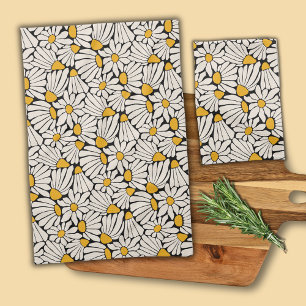 Retro bloem zwart geel blokprint theedoek