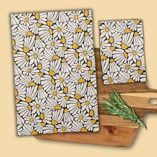 Retro bloem zwart geel blokprint theedoek