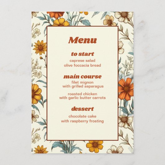 Retro Bloemen 70s Tijdloos Bruiloft Menu (Voorkant)