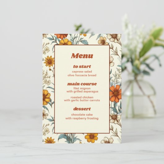 Retro Bloemen 70s Tijdloos Bruiloft Menu (Staand voorkant)