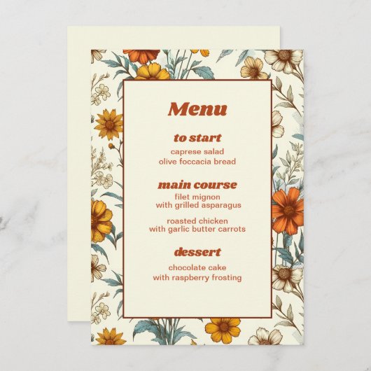 Retro  Bloemen 70s Tijdloos Bruiloft Menu (Voorkant / Achterkant)