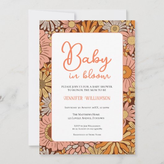 Retro bloemen baby shower uitnodiging (Voorkant)