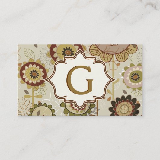 Retro bloemen beige bruin bloemenpatroon monogram visitekaartje (Voorkant)