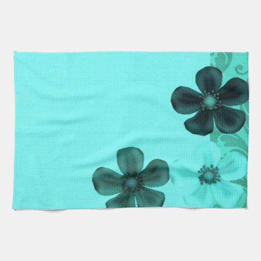 Retro bloemen Blauwgroen keukenhanddoeken (Horizontaal)