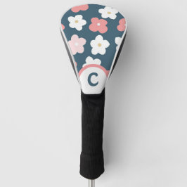 Retro Bloemen Blauwgroen Roze & Wit Monogram Golfheadcover