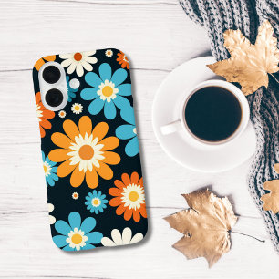 Retro Bloemen Bloemen Blauw Oranje Wit Groovy iPhone 16 Hoesje