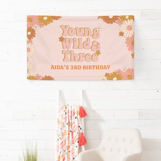 Retro Bloemen Boho 3e Verjaardag Achtergrond Spandoek (Insitu)