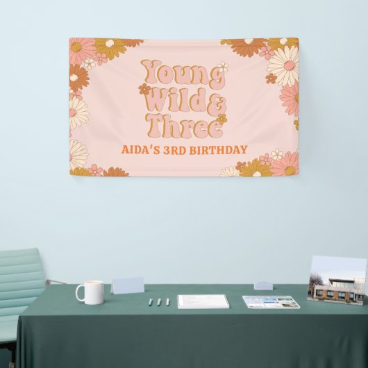 Retro Bloemen Boho 3e Verjaardag Achtergrond Spandoek (Beurs)