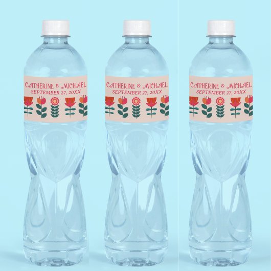 Retro Bloemen Boho Helder en Bold Bruiloft Waterfles Etiket