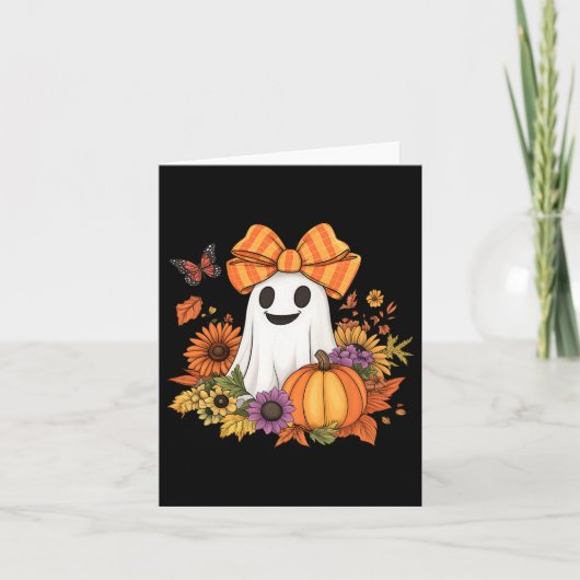 Retro Bloemen Boo Ghost Pumpkin Bow Halloween Vrou Kaart (Voorkant)