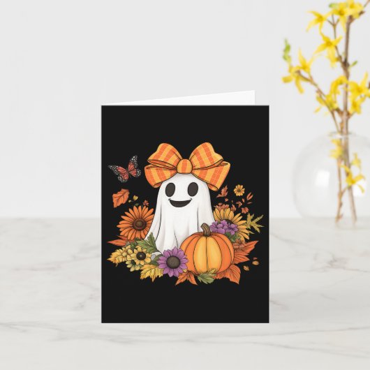 Retro Bloemen Boo Ghost Pumpkin Bow Halloween Vrou Kaart (Gele Bloem)