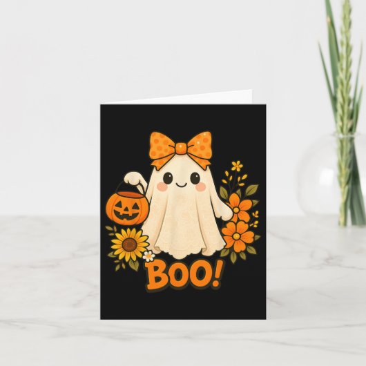 Retro Bloemen Boo Ghost Pumpkin Bow Halloween Vrou Kaart (Voorkant)