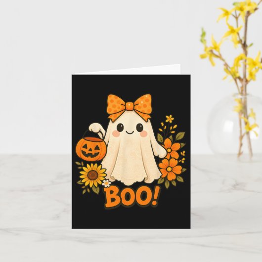 Retro Bloemen Boo Ghost Pumpkin Bow Halloween Vrou Kaart (Gele Bloem)