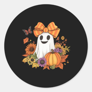 Retro Bloemen Boo Ghost Pumpkin Bow Halloween Vrou Ronde Sticker