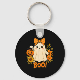 Retro Bloemen Boo Ghost Pumpkin Bow Halloween Vrou Sleutelhanger