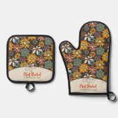 Retro Bloemen Bruin Goud Blauwgroen Gepersonalisee Ovenwant & Pannenlap Set (Voorkant)
