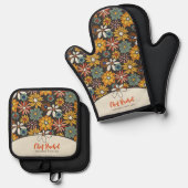 Retro Bloemen Bruin Goud Blauwgroen Gepersonalisee Ovenwant & Pannenlap Set (Voorkant / Achterkant)