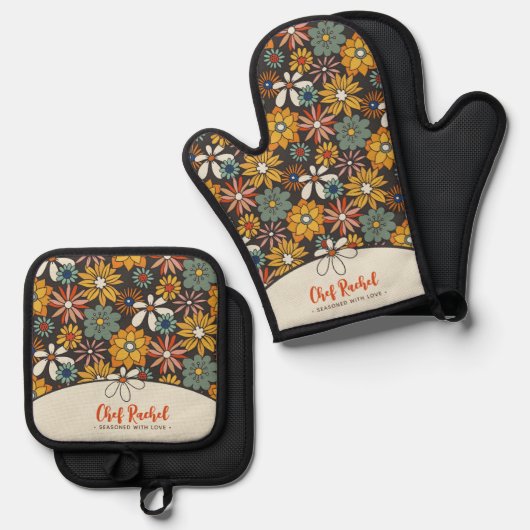 Retro Bloemen Bruin Goud Blauwgroen Gepersonalisee Ovenwant & Pannenlap Set (Voorkant / Achterkant)