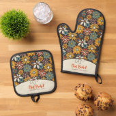 Retro Bloemen Bruin Goud Blauwgroen Gepersonalisee Ovenwant & Pannenlap Set (Top down)