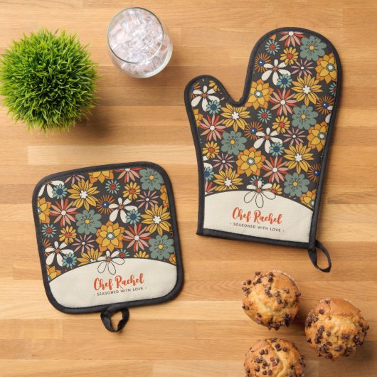 Retro Bloemen Bruin Goud Blauwgroen Gepersonalisee Ovenwant & Pannenlap Set (Top down)