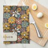 Retro Bloemen Bruin Goud Blauwgroen Gepersonalisee Theedoek (Quarter Fold)