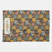 Retro Bloemen Bruin Goud Blauwgroen Gepersonalisee Theedoek (Horizontaal)