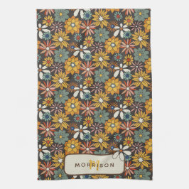 Retro Bloemen Bruin Goud Blauwgroen Gepersonalisee Theedoek