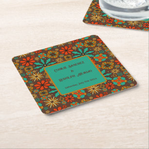 Retro Bloemen Bruin Teal Rood bloemig groovy 60s  Kartonnen Onderzetters
