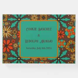 Retro Bloemen Bruin Teal Rood bloemmotief groovy 6 Gastenboek