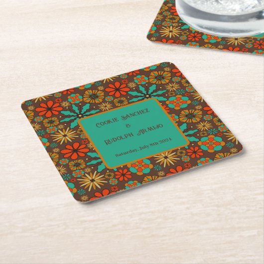Retro Bloemen Bruin Teal Rood bloemmotief groovy 6 Kartonnen Onderzetters (Schuin)
