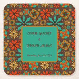 Retro Bloemen Bruin Teal Rood bloemmotief groovy 6 Kartonnen Onderzetters