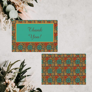 Retro Bloemen Bruin Turquoise Rood bloemmotief gro Bedankkaart