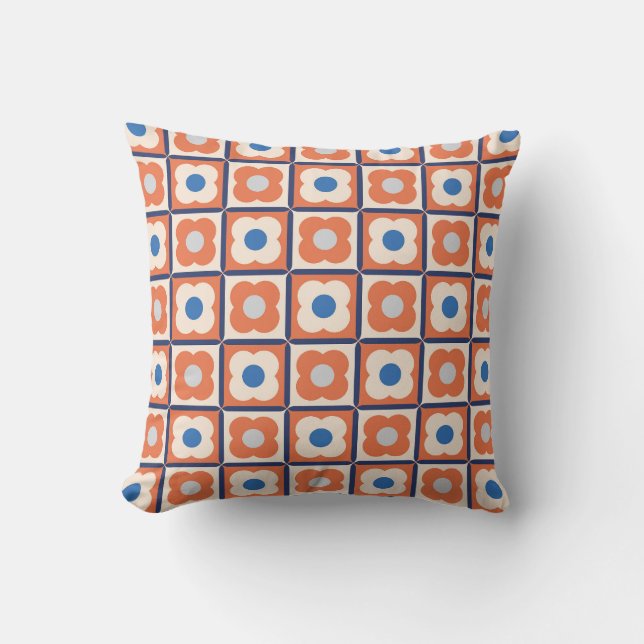 Retro Bloemen Checker Patroon Abrikoos Crush, Blau Kussen (Voorkant)