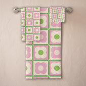 Retro Bloemen Checker Patroon Roze en Groen Bad Handdoek